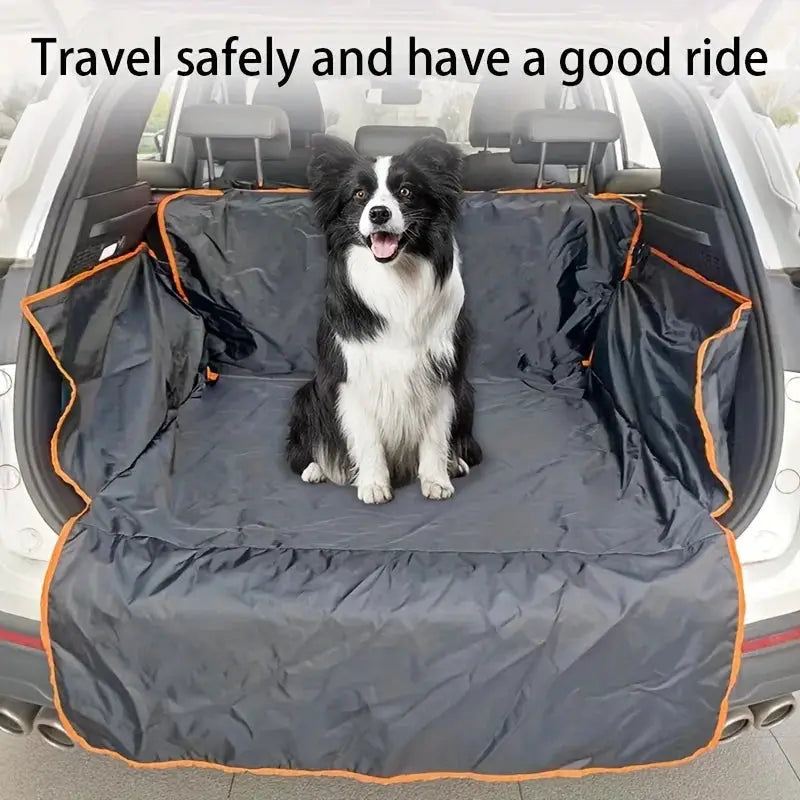 Simples Market waterproof SUV trunk mat with orange trim, pet-friendly, dirt-resistant backing.