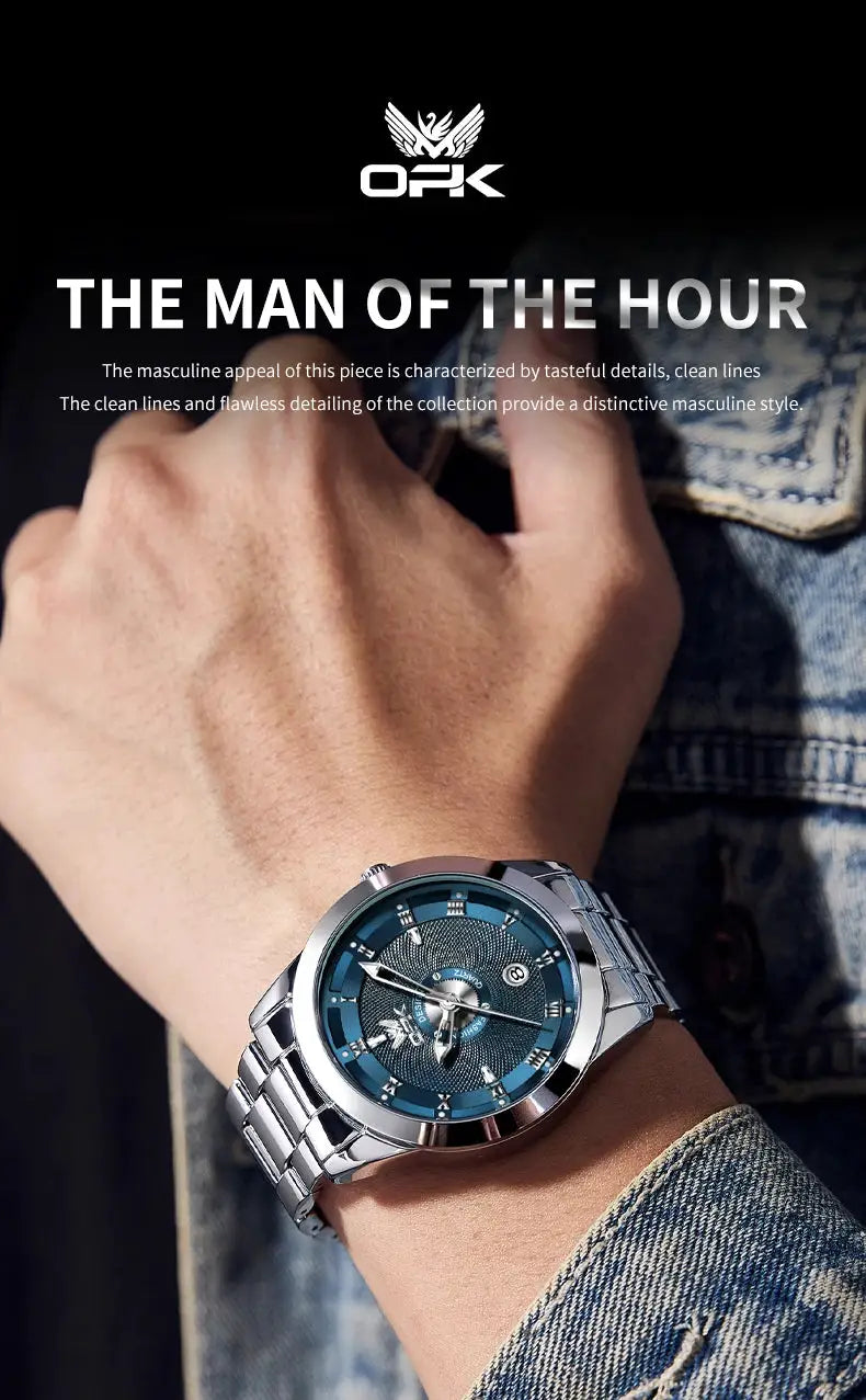 OPK 6056 men's stainless steel watch with blue dial and metal bracelet