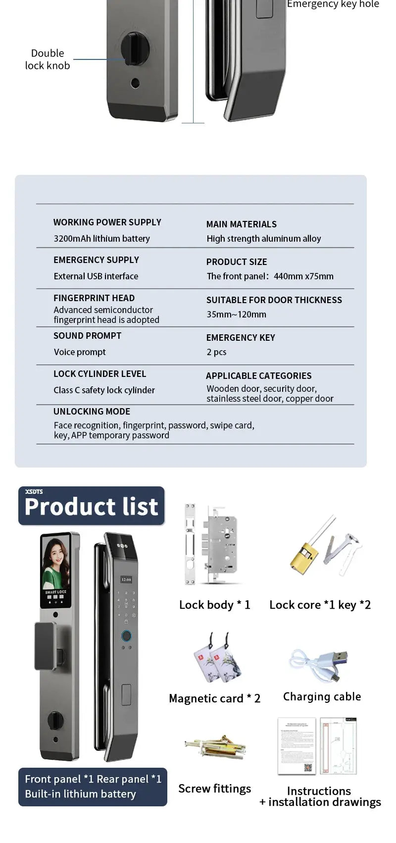 Simples Market XSDTS WiFi Tuya smart door lock with camera; front and rear panels, built-in battery.