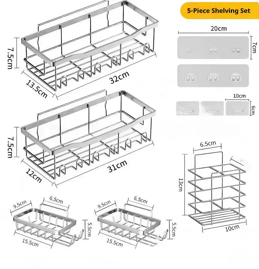 No-drill stainless steel triangle double-layer corner shelf by Simples Market, 5-piece bathroom/kitchen storage set.