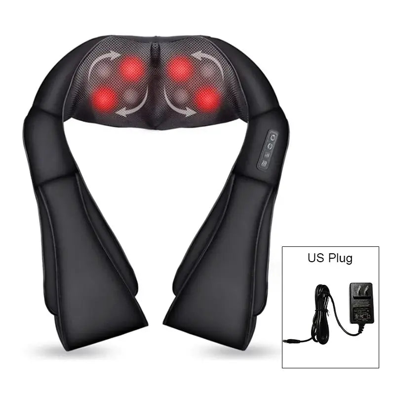 Black U-shaped neck and shoulder massager with red heat nodes; heated deep kneading pillow, includes US plug.