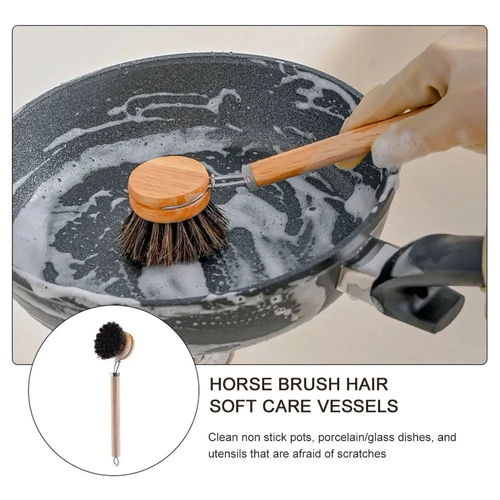 Replaceable dish brush with wooden handle and dark bristles, 2-pack pot and dish cleaning brushes.