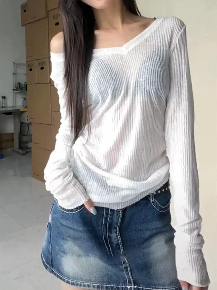 NovaWeave Women Sheer Long Sleeve Tee Lightweight Summer Knit With High Stretch Comfort