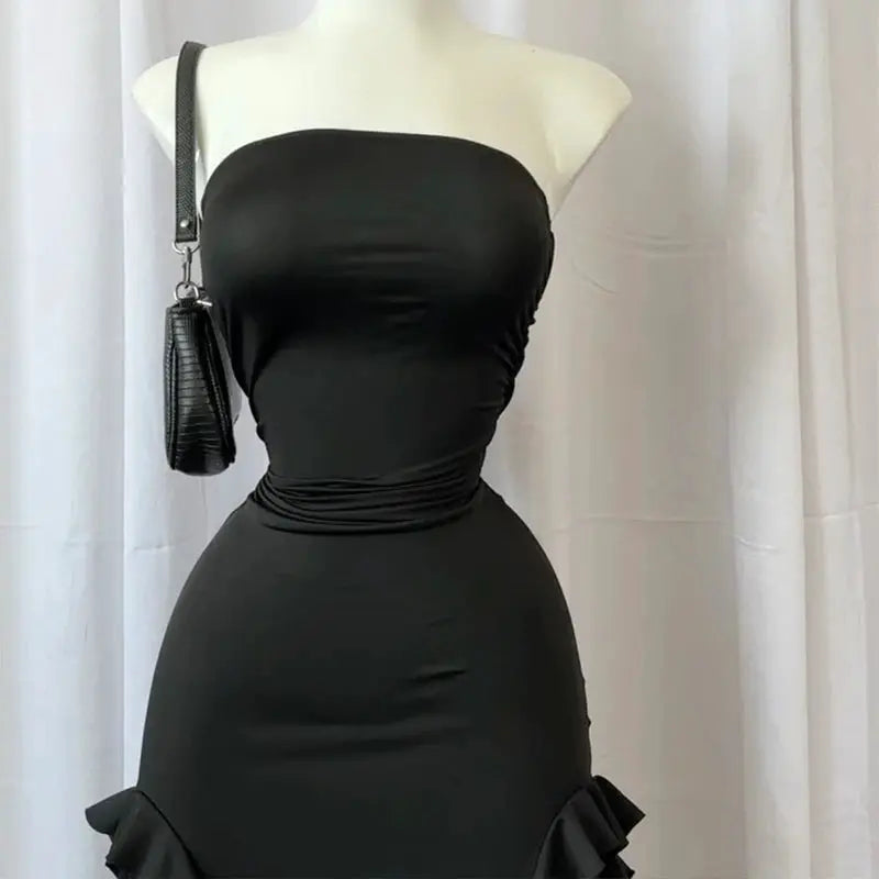 Women's Strapless Floral Mini Dress High Slit Folded Hem Backless