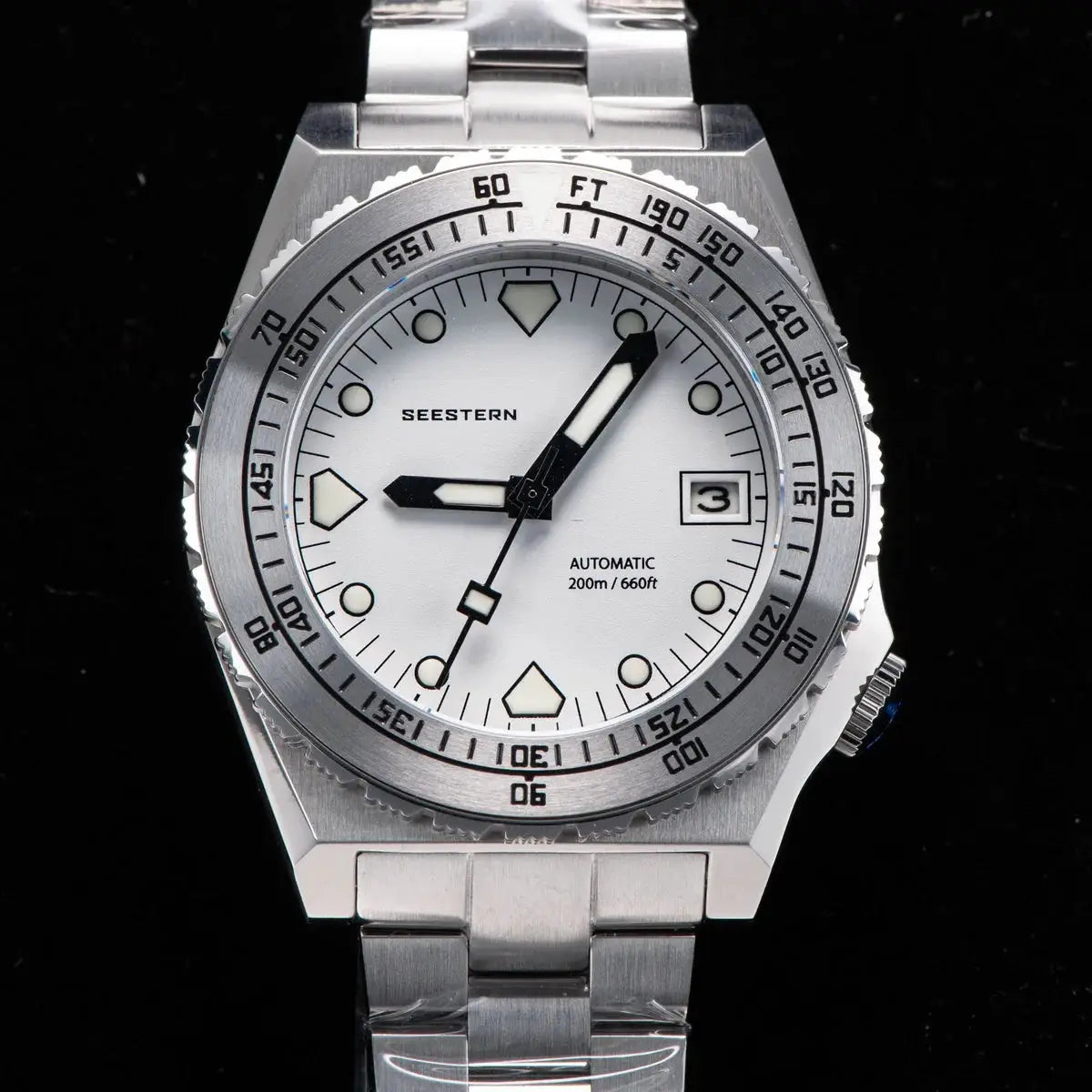 SEESTERN SUB600T V3 men's automatic diving watch with NH35 movement, stainless steel bracelet, white dial, ceramic bezel