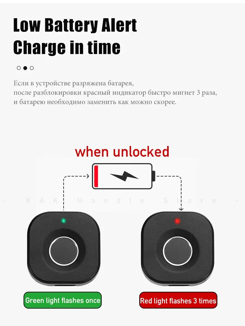 KAK biometric fingerprint cabinet lock, black; two keyless locks shown with green unlocked and red battery indicators