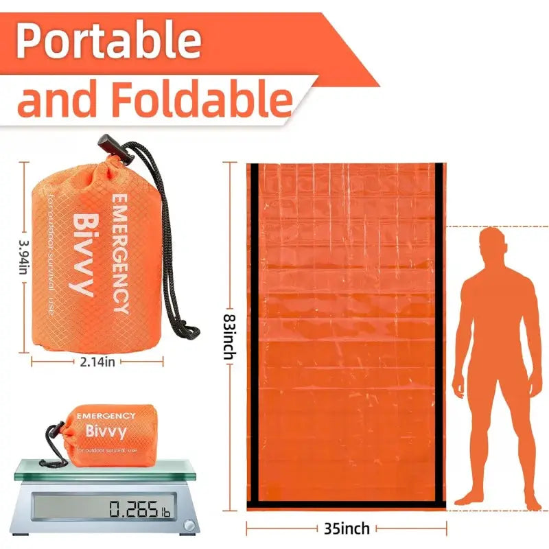 Emergency bivy sleeping bag by Simples Market; orange Mylar, lightweight, waterproof shelter with compact pouch