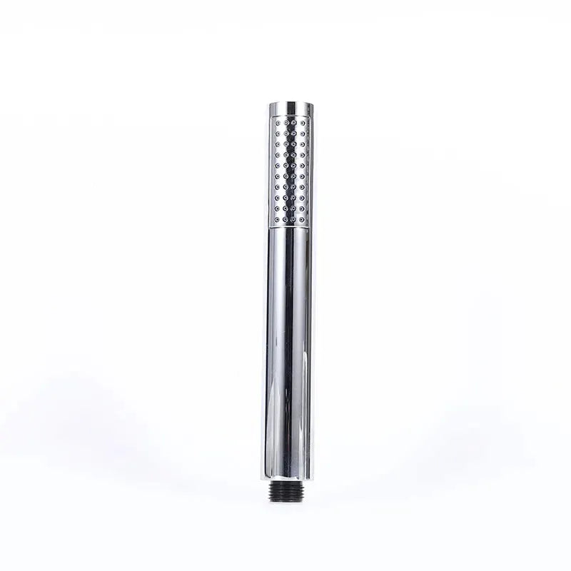 Handheld shower head with chrome finish, perforated spray face, threaded hose connector.