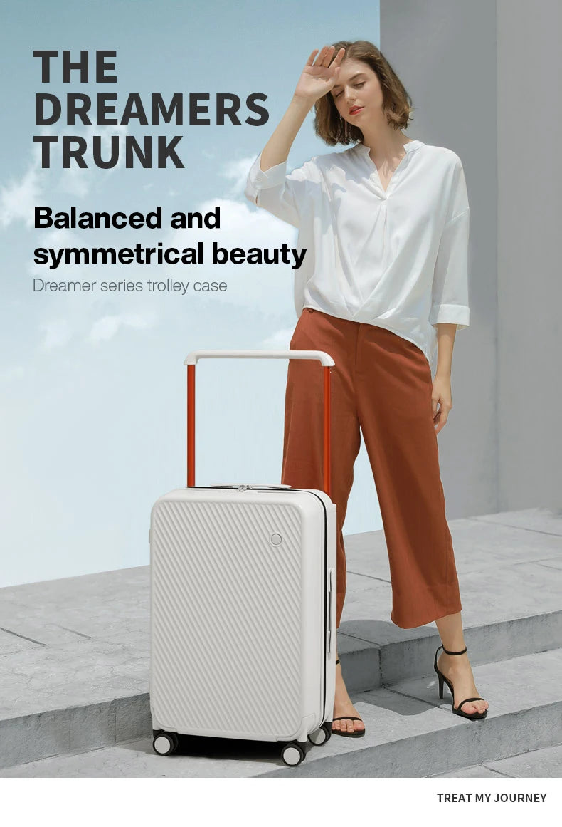Mixi wide-handle travel luggage suitcase, white hardside PC, orange handle, unisex 20/24 inch with spinner wheels