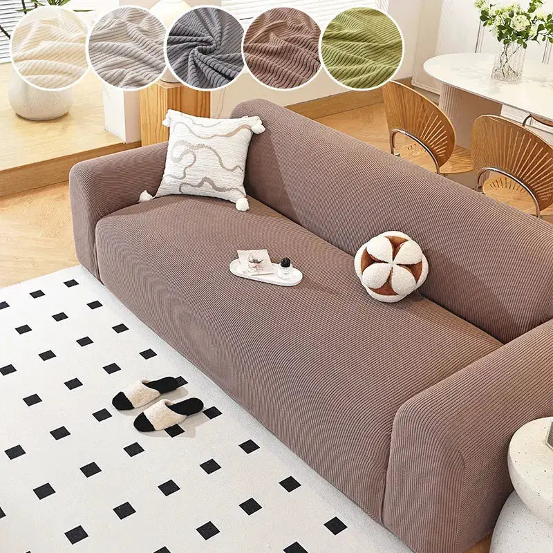 1PC Shake grain velvet sofa cover by Simples Market in taupe brown; anti-slip, classic straight fit