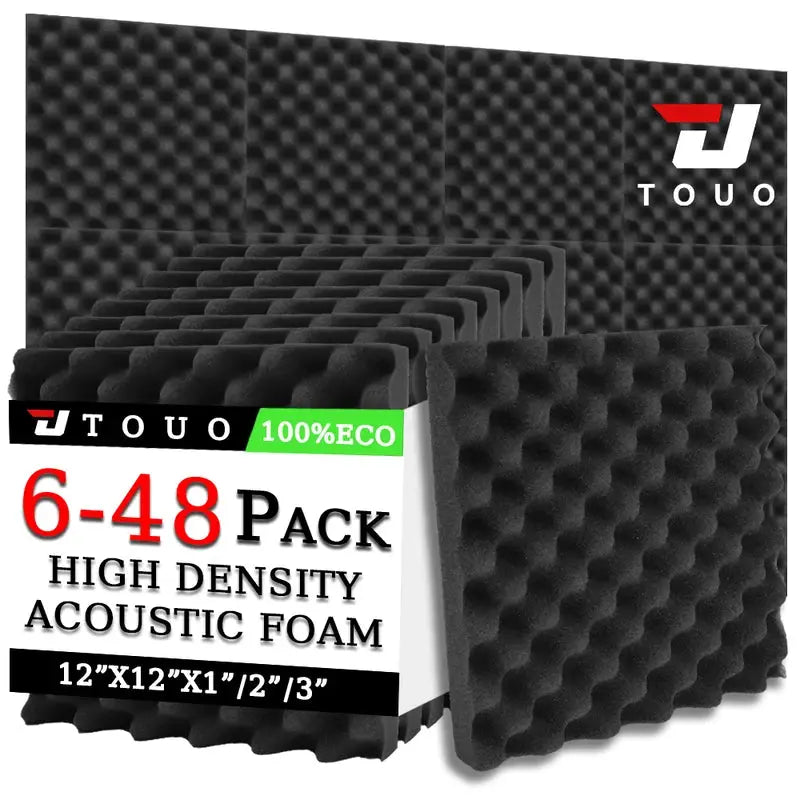 TOUO egg trough wall acoustic foam panels, 6-48 pack, high-density sound-absorbing foam, black