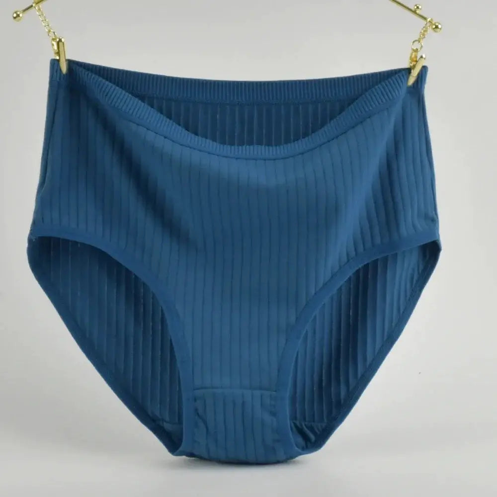 Soft high-waist cotton panties in blue with ribbed texture for women