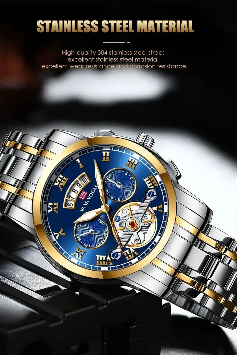Relogio Masculino Luxury Watch with blue dial, gold bezel and two-tone stainless steel bracelet