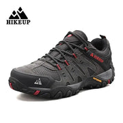 HIKEUP men's hiking shoes by Simples Market in suede leather, black/gray with red accents, outdoor trekking sneakers