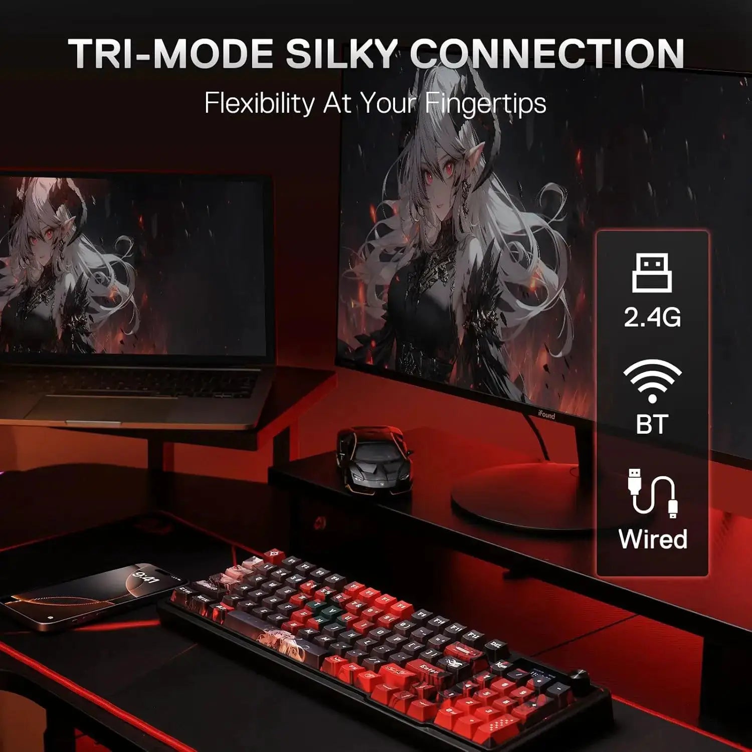 Redragon K719 PRO mechanical keyboard with red/black keycaps and a 1.14-inch TFT display