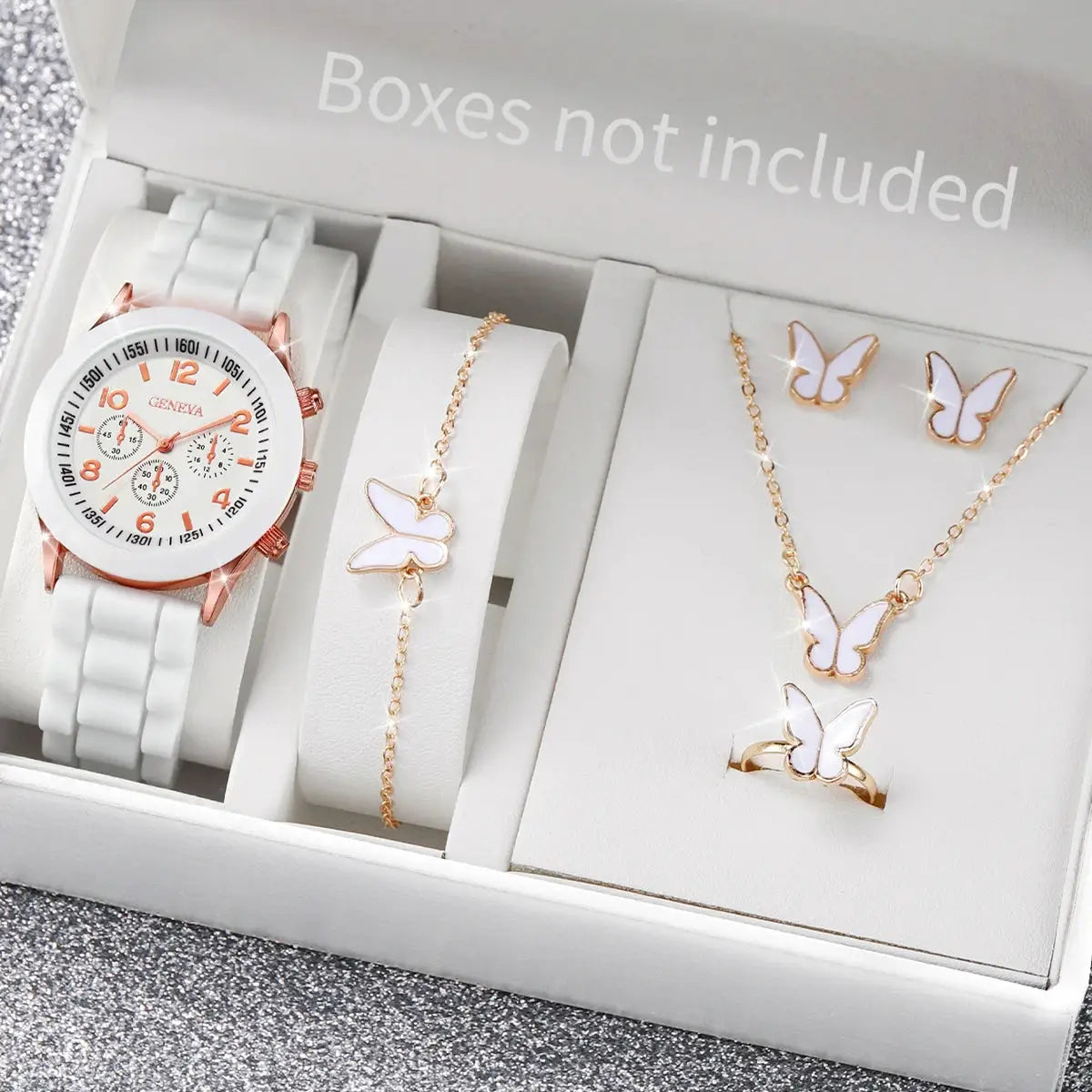 Geneva women's watch with white silicone band and rose-gold case, butterfly jewelry set (5/6 pcs)