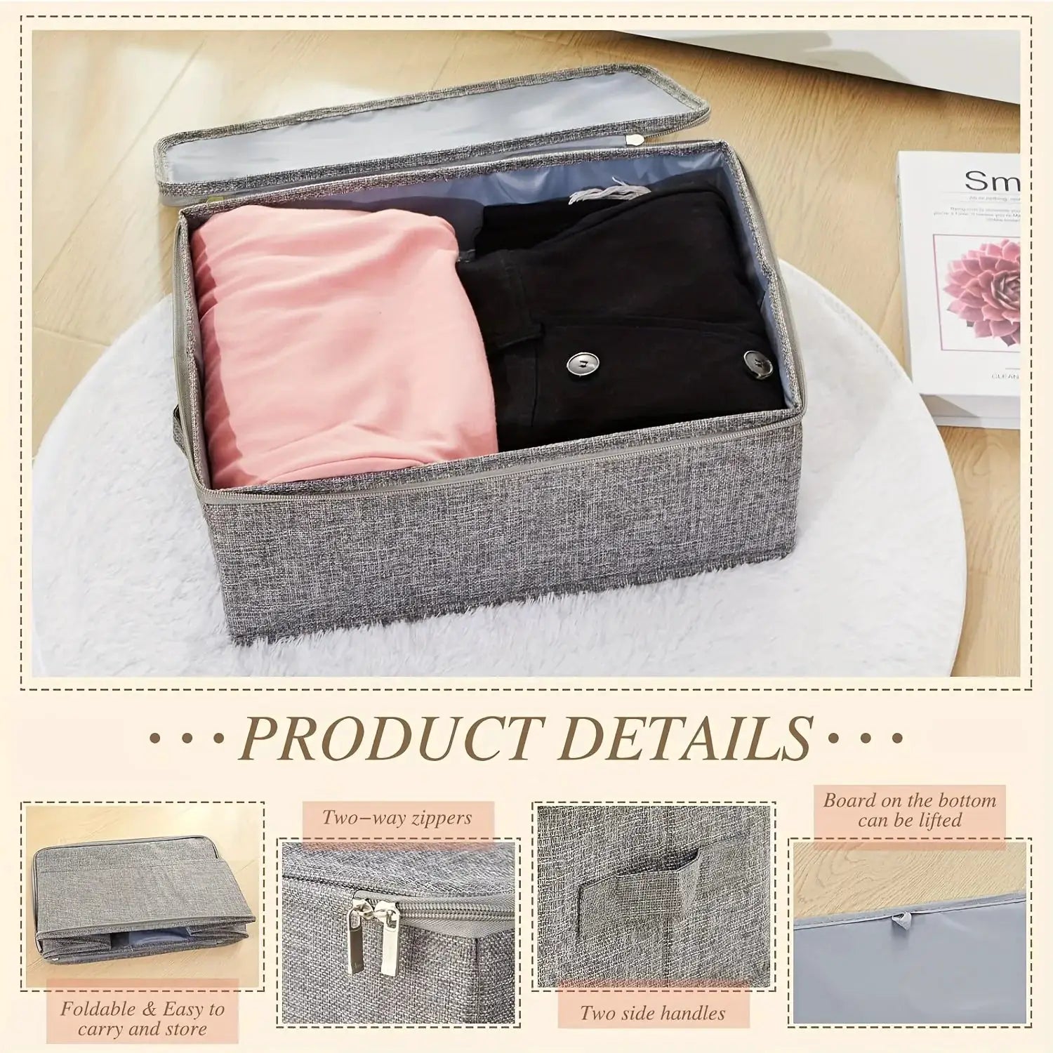 Stackable foldable fabric storage box with lid by Simples Market, textured fabric; pink shirt and black pants inside.
