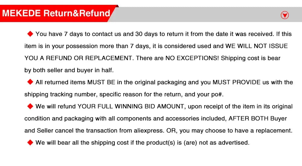 MEKEDE return and refund banner with bullet-point policy details.