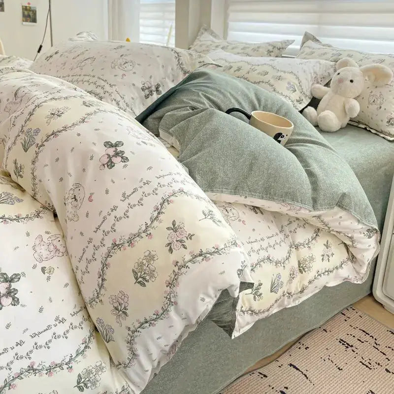 Simples Market pink floral bedding set with white base including duvet cover, flat sheet and pillowcases, queen size