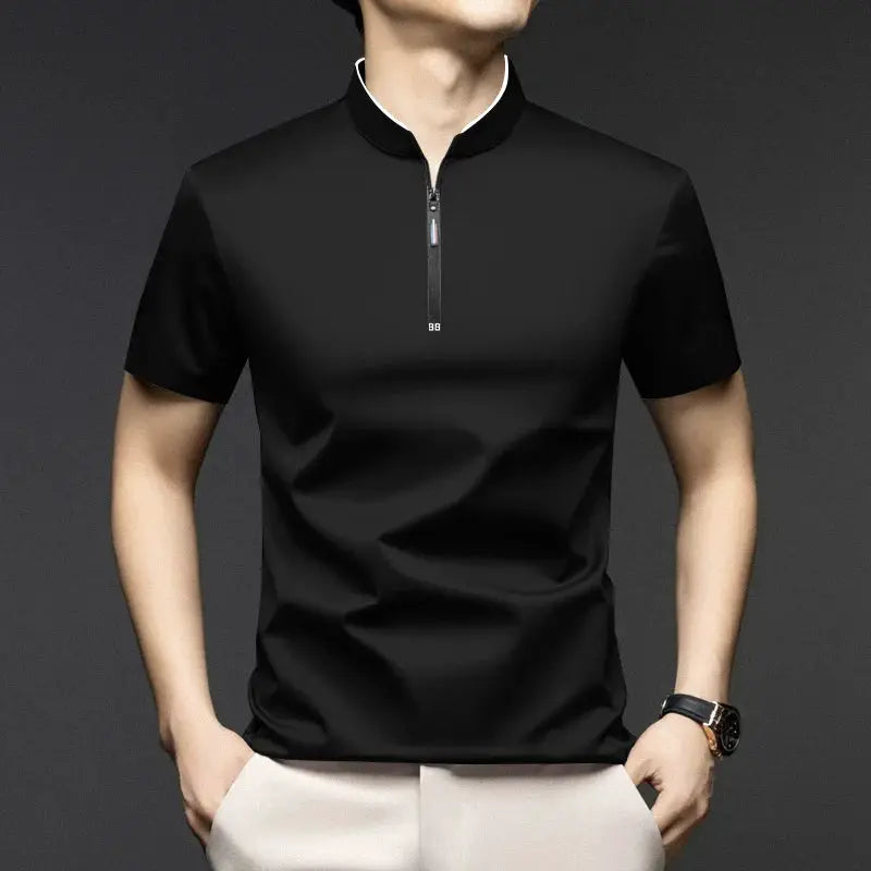 Men's black zipper polo shirt with stand-up collar, short sleeves, Simples Market
