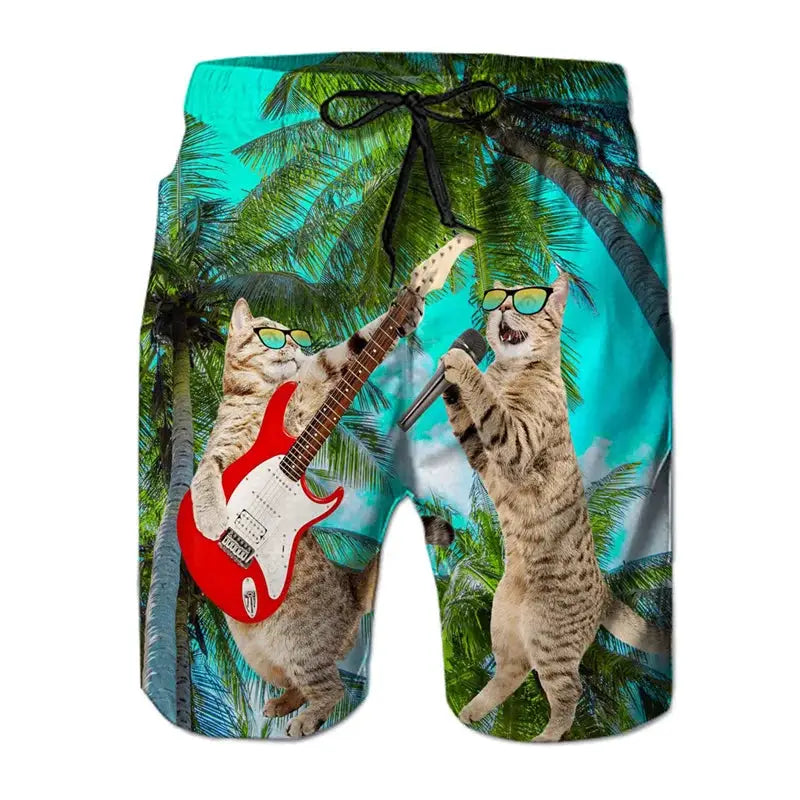 Men's board shorts by Simples Market with 3D cat guitar and microphone print on turquoise tropical background