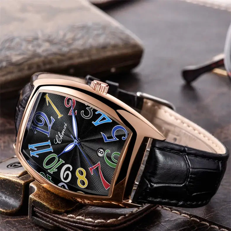 CHENXI men's watch with rose-gold curved case, black dial with colorful numerals and date window, black leather strap