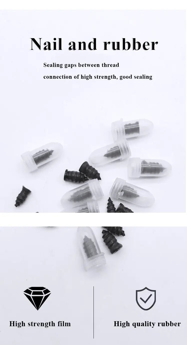 Car tire puncture repair kit with rubber repair nails in clear capsule tubes, Simples Market