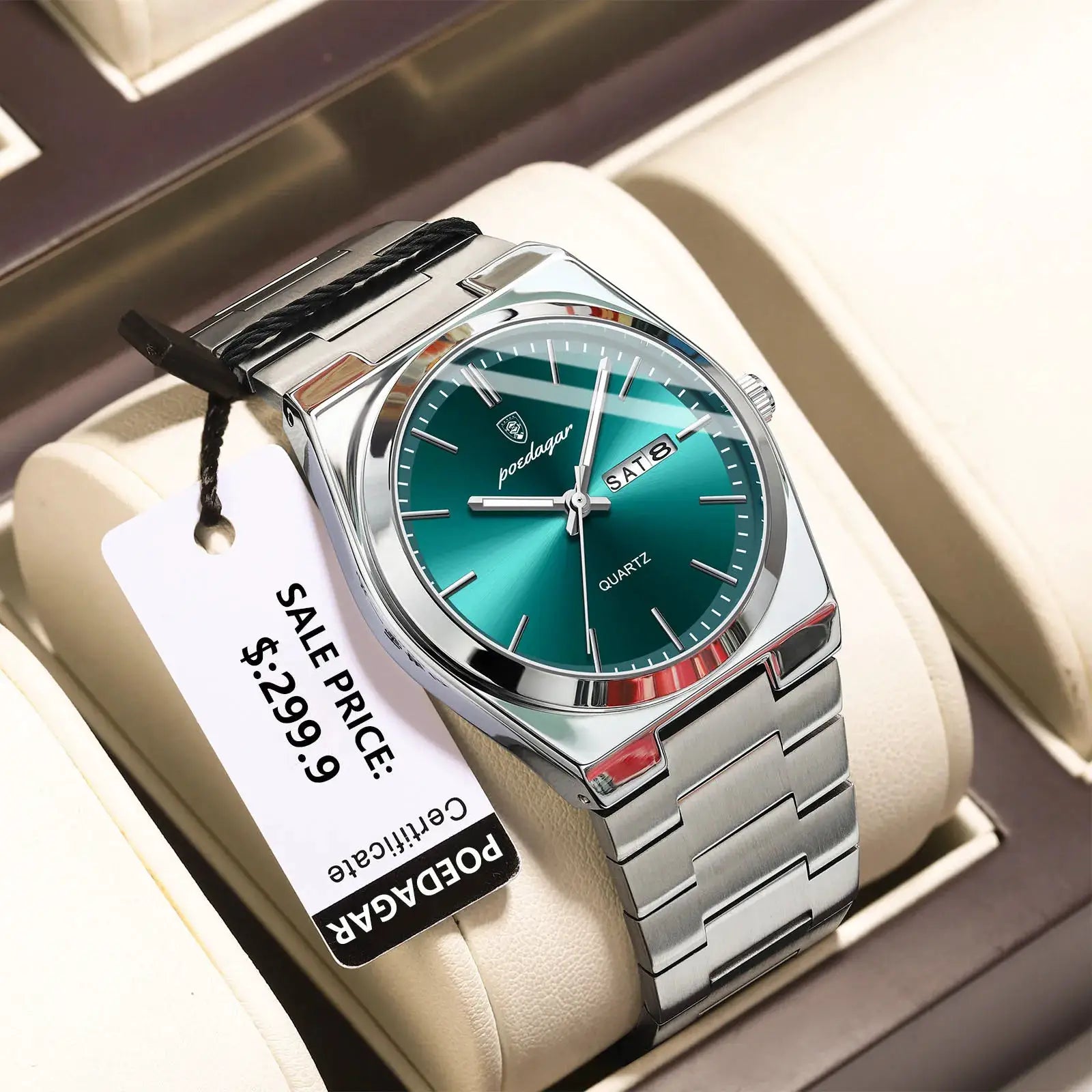 POEDAGAR men's stainless steel quartz watch with teal dial, date window, and bracelet