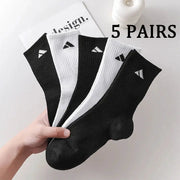 5 Pairs Black And White Patterned Mid Length Unisex Socks For Men And Women Comfortable Sports Socks