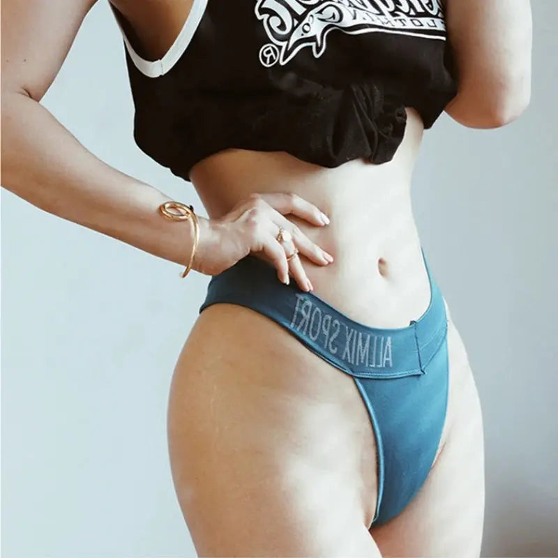 Simples Market teal blue women's thong with elastic wide waistband and letter print on the band