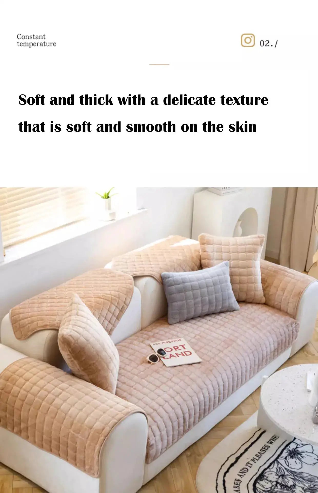 Peach plush quilted sofa cover with matching cushions on a white living-room sofa