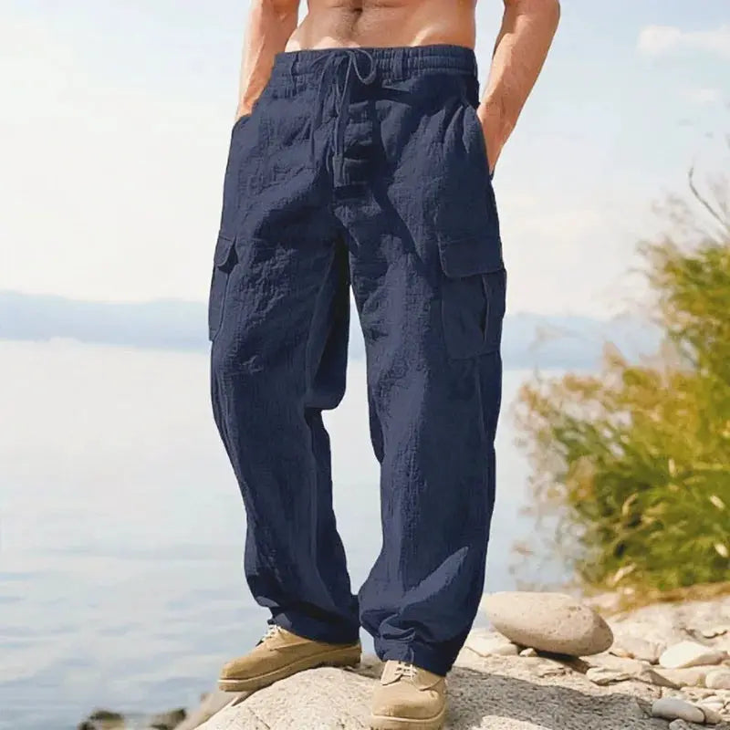 Men's navy cargo pants, cotton-linen blend with multiple pockets, drawstring waist, loose straight leg