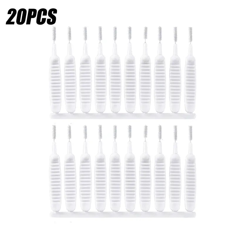 Shower cleaning brush set, 20 white micro nylon brushes with ribbed handles