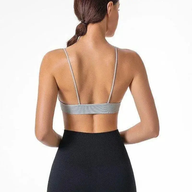 V-neck seamless triangle-cup bra camisole by Simples Market in gray, back view with thin straps