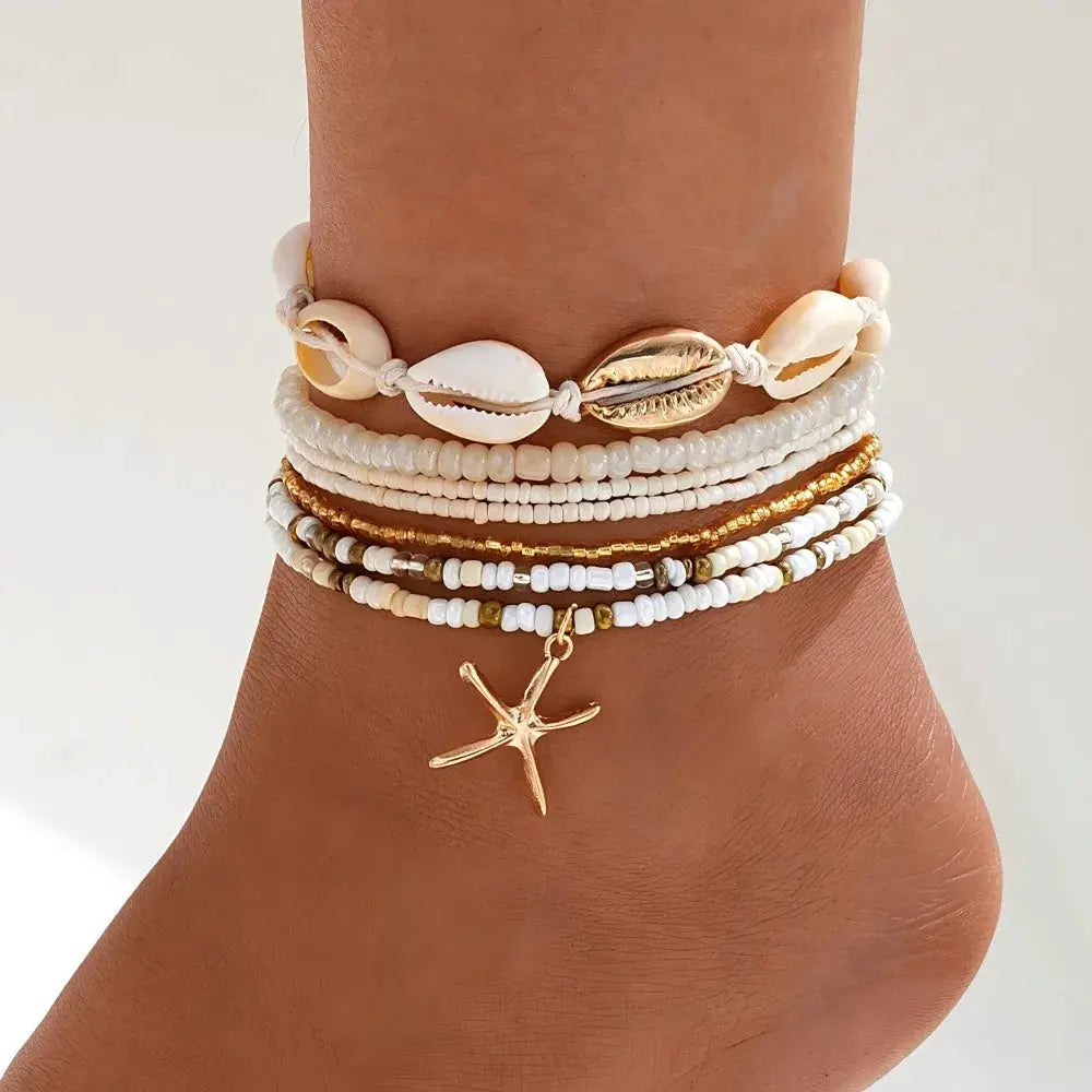 Bohemian Rice Beads Starfish Pendant Anklet Set Multilayer Beach Jewelry For Women 7 Piece Foot Anklets Summer Sea Shell