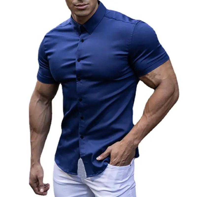 Men's slim-fit short-sleeve dress shirt in royal blue