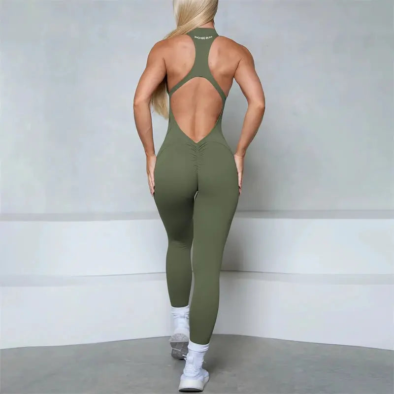 Simples Market olive green women's sleeveless gym jumpsuit with open back racerback and scrunch butt
