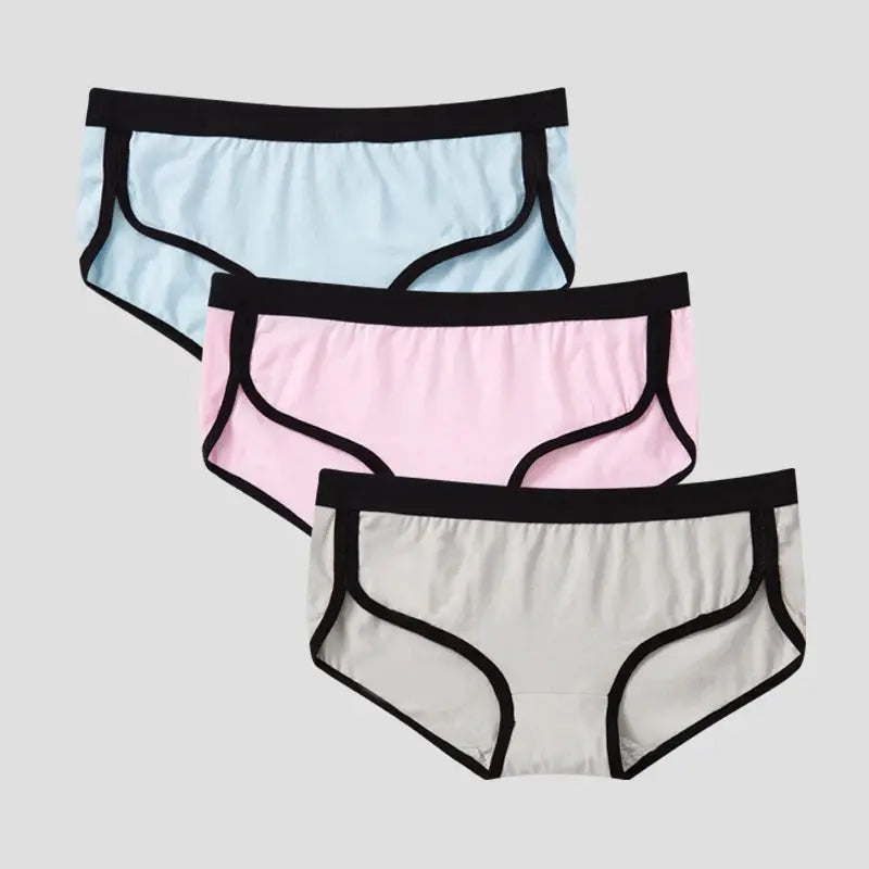 BANNIROU 3Pcs women's briefs set; light blue, pink, gray with black trim, cotton, low-rise, breathable underwear.
