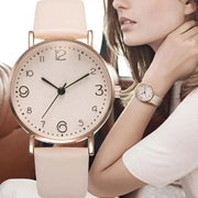 Women's analog quartz watch with cream leather strap, rose-gold case, Arabic numeral dial