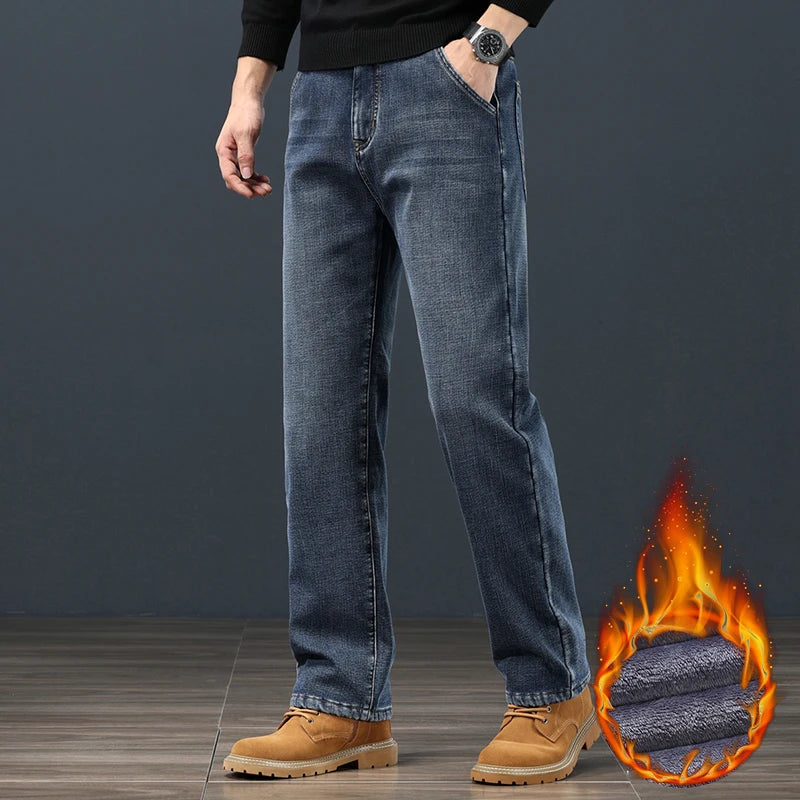 Winter Fleece Men Jeans Loose Straight Fit Warm Denim Pants 42 44