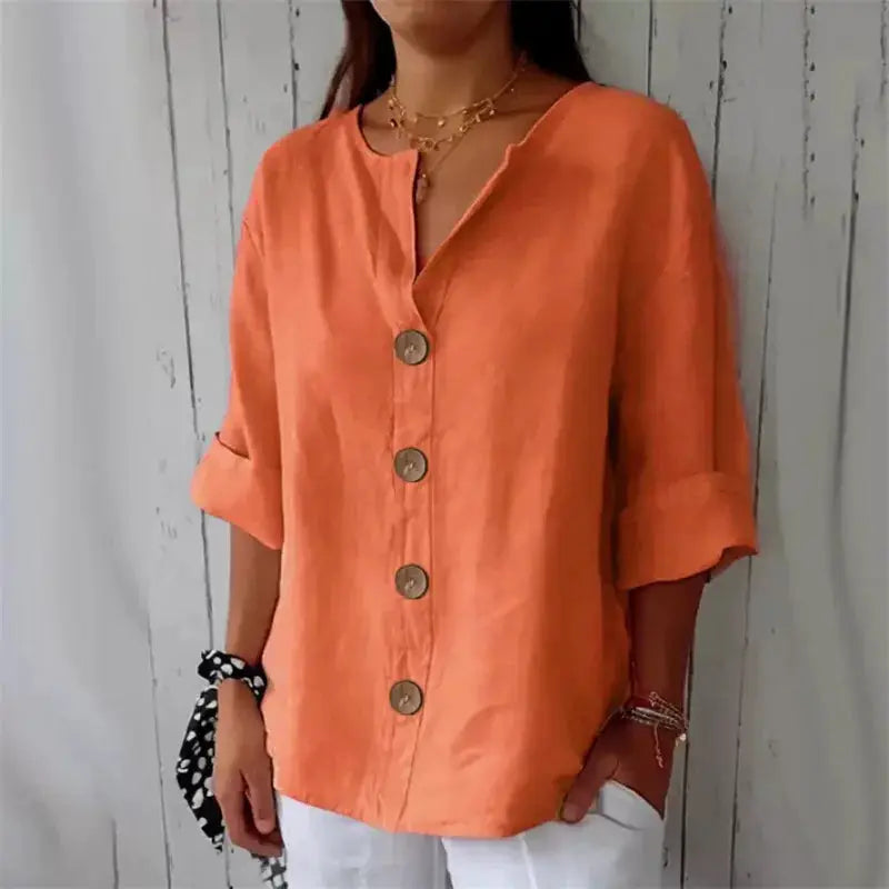 Summer Loose Shirt For Women V Neck Cotton Linen Button Top Casual Solid Fashion Elegant Office Wear 2025 Blouse
