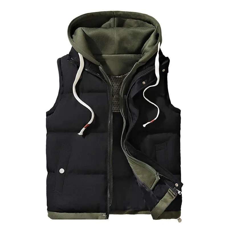 Simples Market black hooded puffer vest for men with green hood, zip front, and white drawstrings
