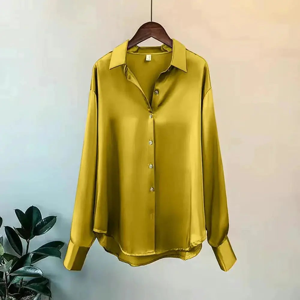 Aurora Couture Satin Blouse For Women All Season Comfort Button Front For Office And Casual Wear