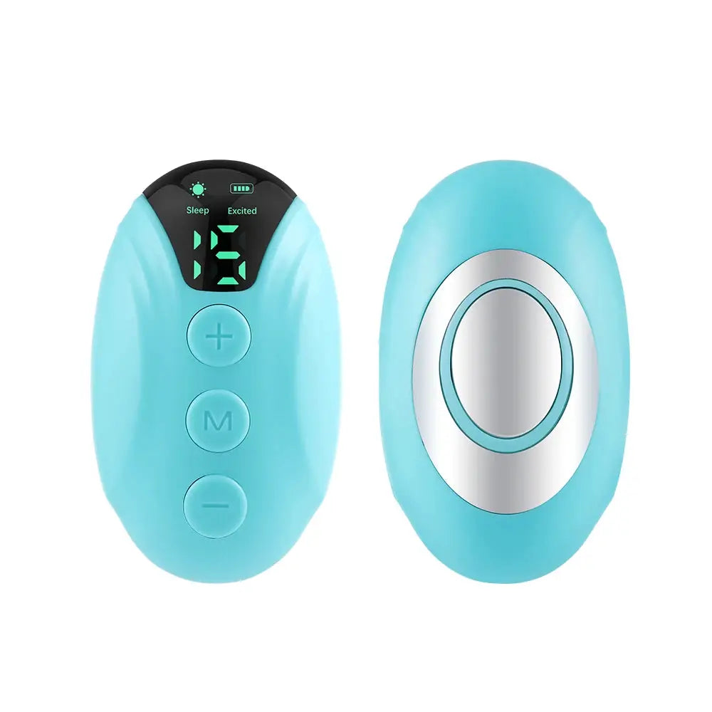 Pair of turquoise sleep aid handheld microcurrent devices with digital display and circular metal pad