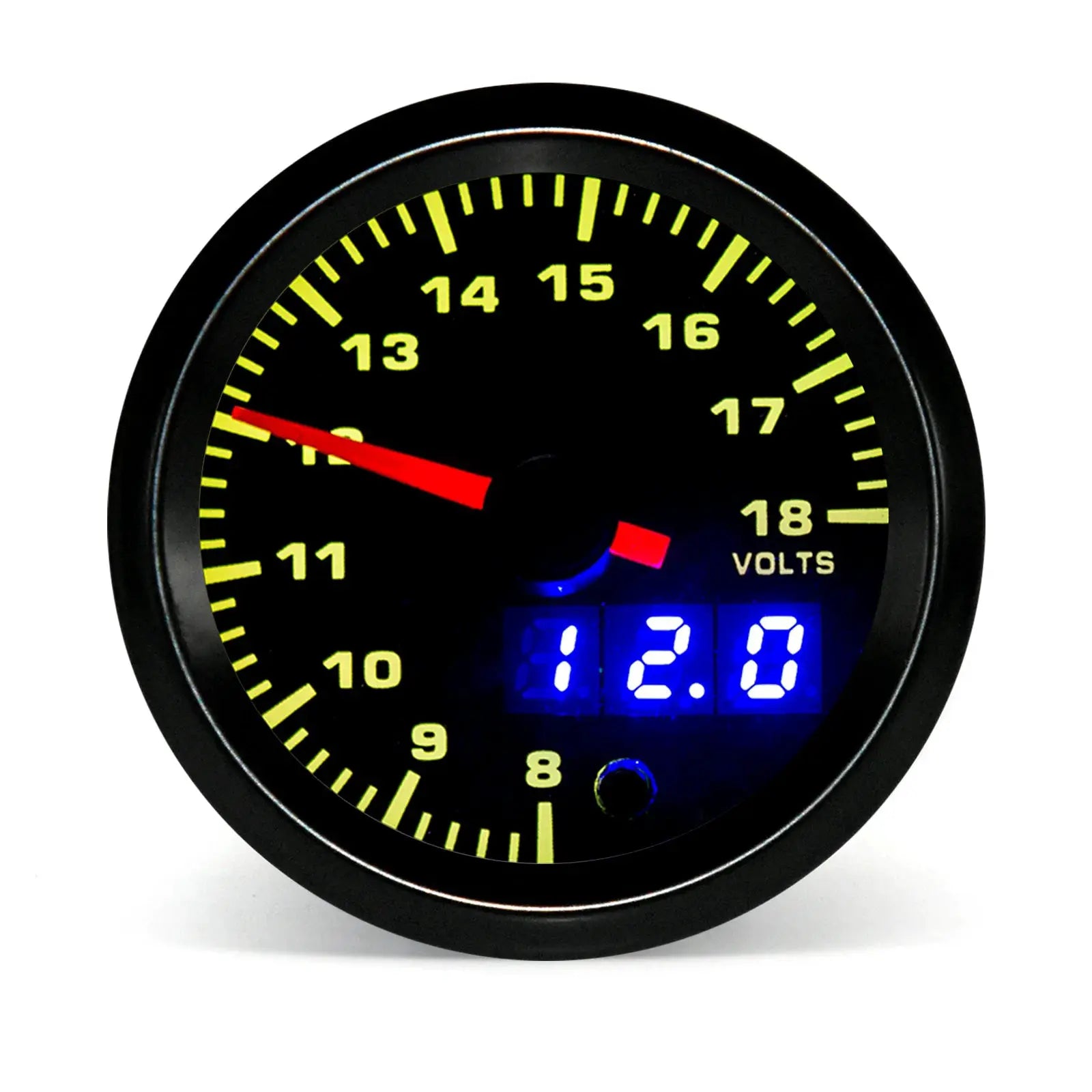 52mm dual-display gauge with yellow numerals, red pointers and blue digital readout