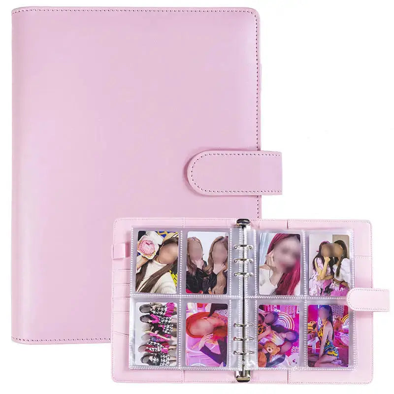 A5 pink PU leather notebook photocard binder with 6 rings and 4-pocket sleeves.