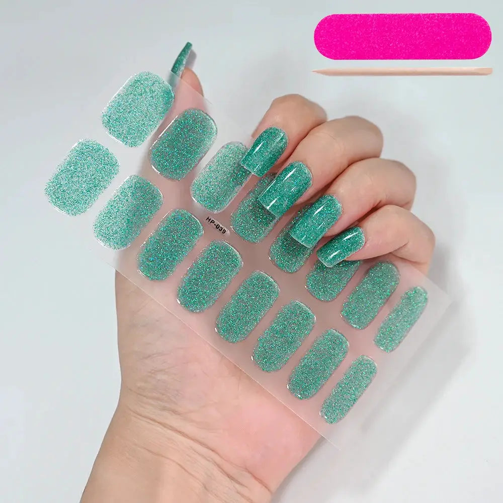 Simples Market semi-cured gel nail wrap sheet in turquoise glitter, full-cover decals for UV lamp curing