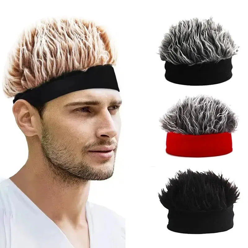 Cosplay wig cap set with fluffy fur top in black, gray, red and blonde options; Simples Market.