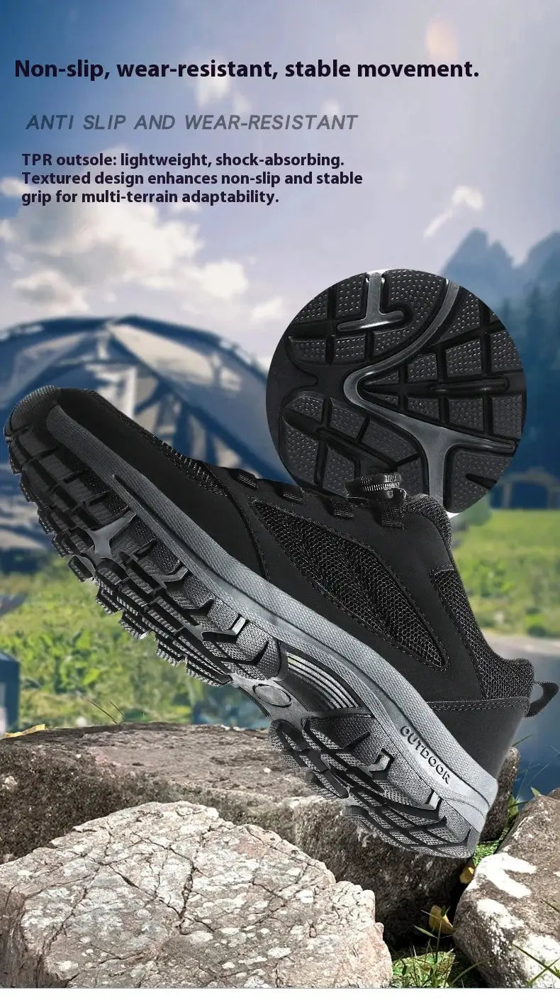 Men's black hiking shoe by Simples Market with mesh upper and rugged gray outsole; anti-slip outdoor footwear.