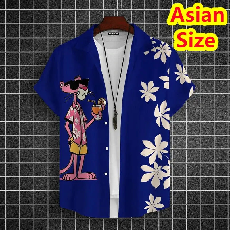 Men's blue Hawaiian shirt with cartoon tiger graphic and white floral pattern